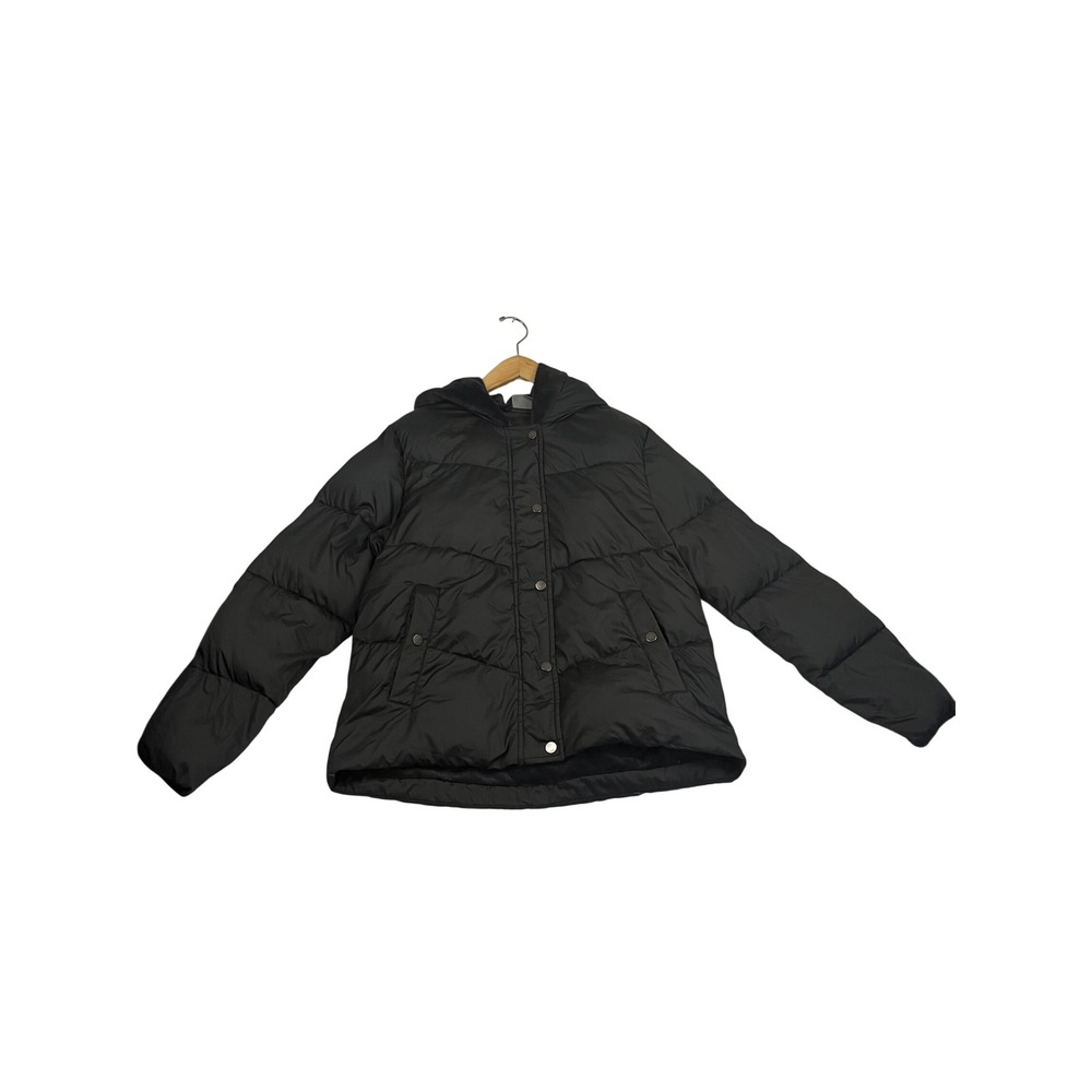 Black Hooded Puffer Jacket Faux Fur Lined Quilted Winter Coat Zip Snap Front